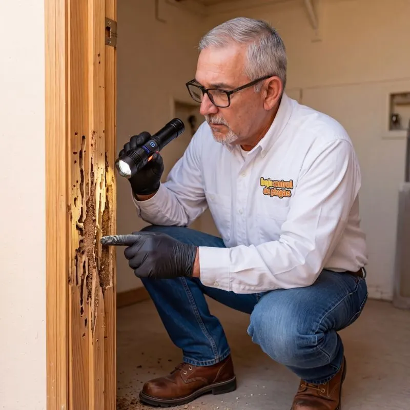 Técnico de Baja Control de Plagas inspeccionando daño por termitas en marco de madera en Mexicali